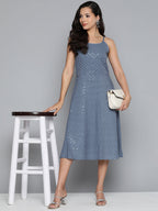 Jompers Women's Grey Floral Sequin Embroidered A-Line Midi Dress - Grey - Distacart