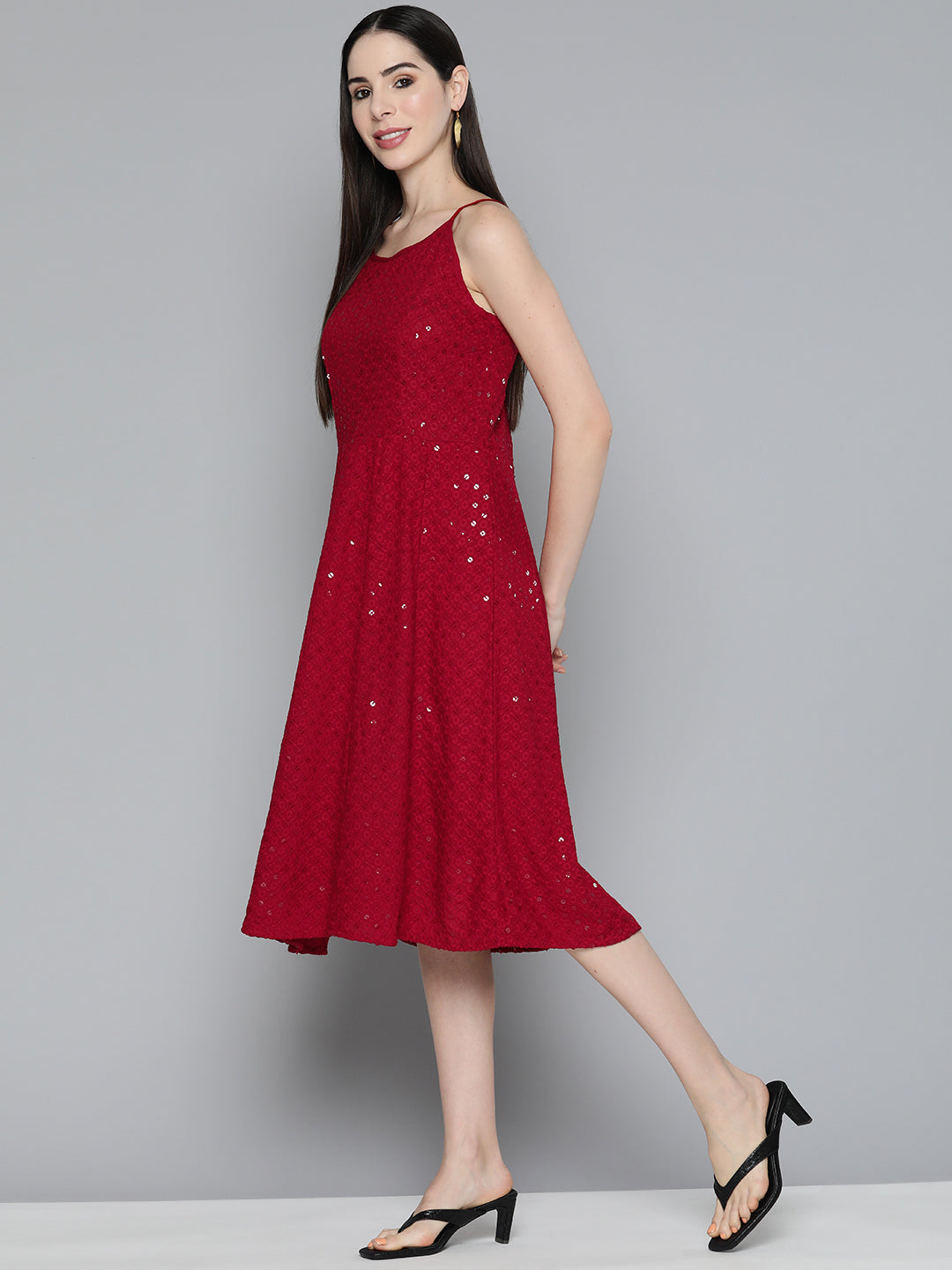 Jompers Women's Maroon Floral Sequin Embroidered A-Line Midi Dress - Maroon - Distacart