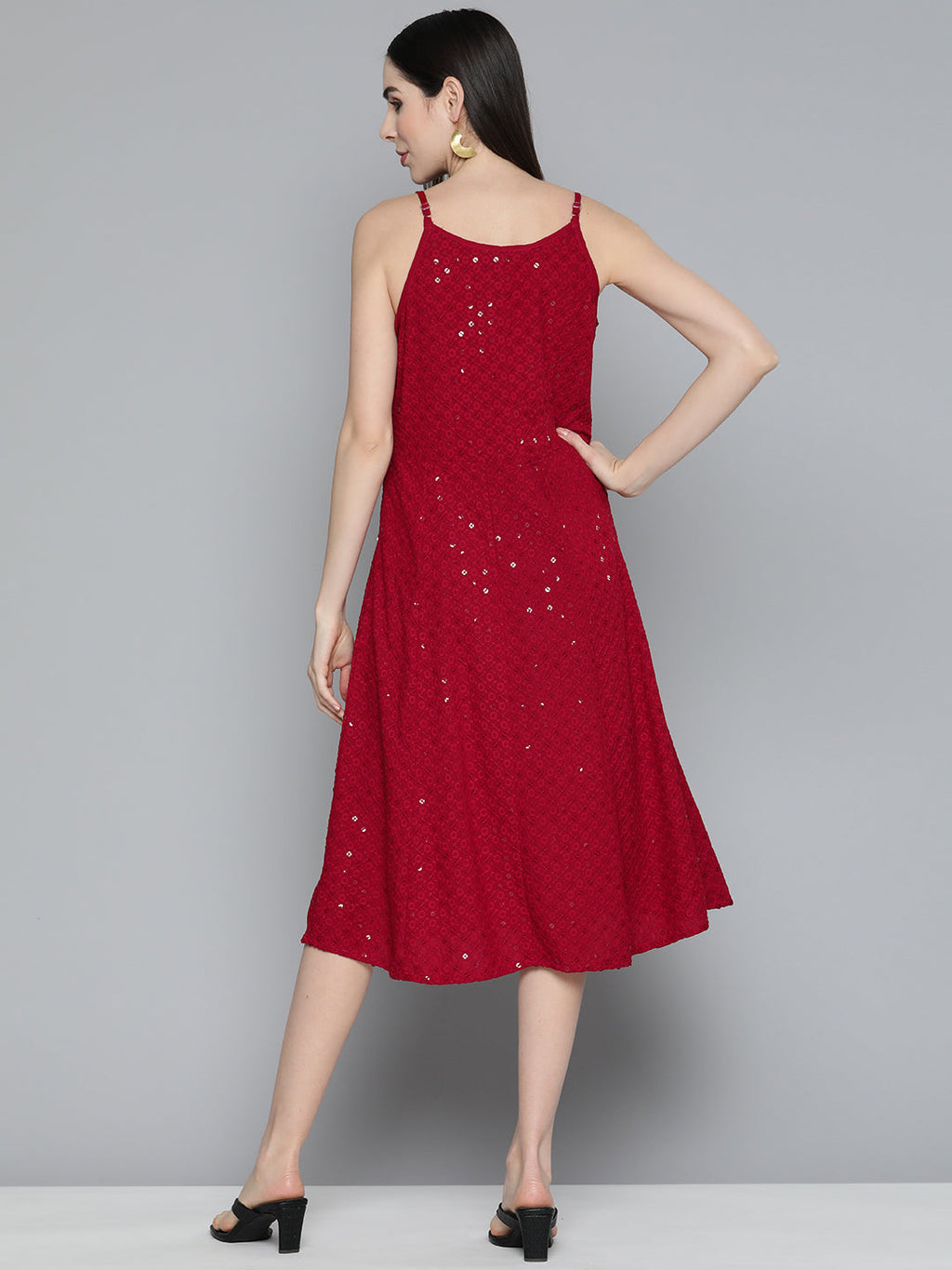 Jompers Women's Maroon Floral Sequin Embroidered A-Line Midi Dress - Maroon - Distacart