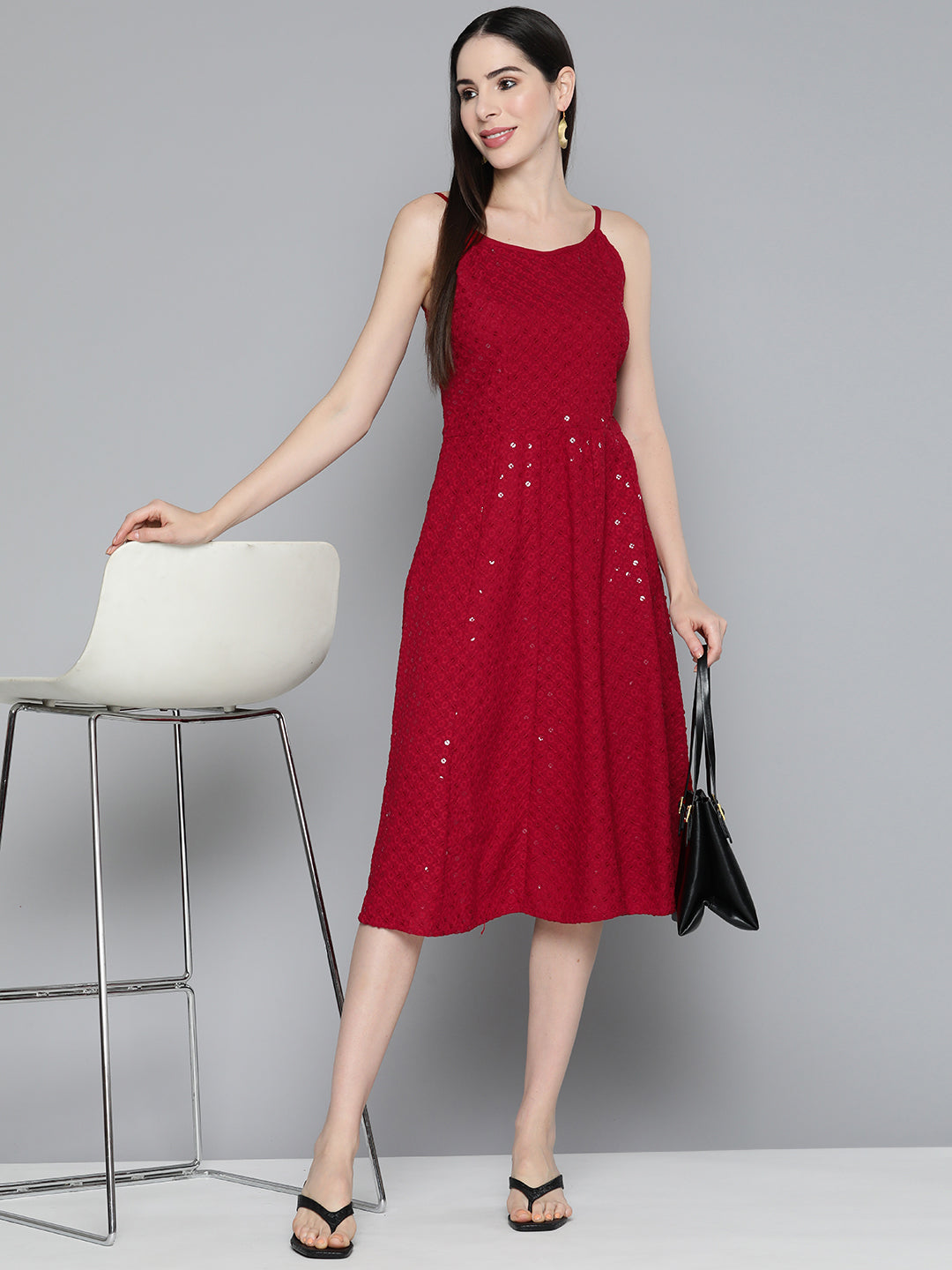 Jompers Women's Maroon Floral Sequin Embroidered A-Line Midi Dress - Maroon - Distacart