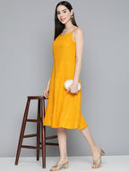 Jompers Women's Mustard Floral Sequin Embroidered A-Line Midi Dress - Mustard - Distacart