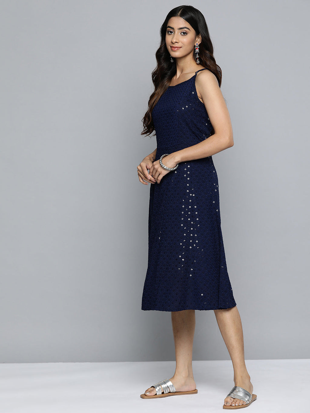 Jompers Women's Navy Floral Sequin Embroidered A-Line Midi Dress - Distacart