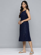 Jompers Women's Navy Floral Sequin Embroidered A-Line Midi Dress - Distacart