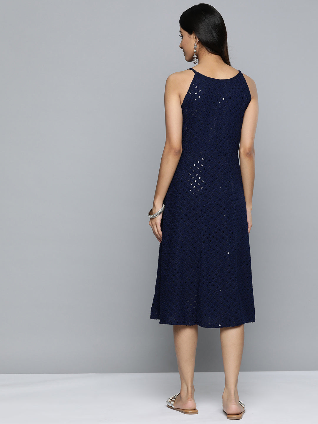 Jompers Women's Navy Floral Sequin Embroidered A-Line Midi Dress - Distacart