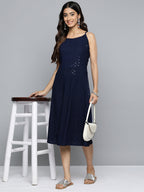 Jompers Women's Navy Floral Sequin Embroidered A-Line Midi Dress - Distacart