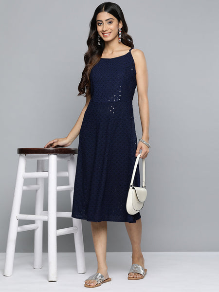 Jompers Women's Navy Floral Sequin Embroidered A-Line Midi Dress