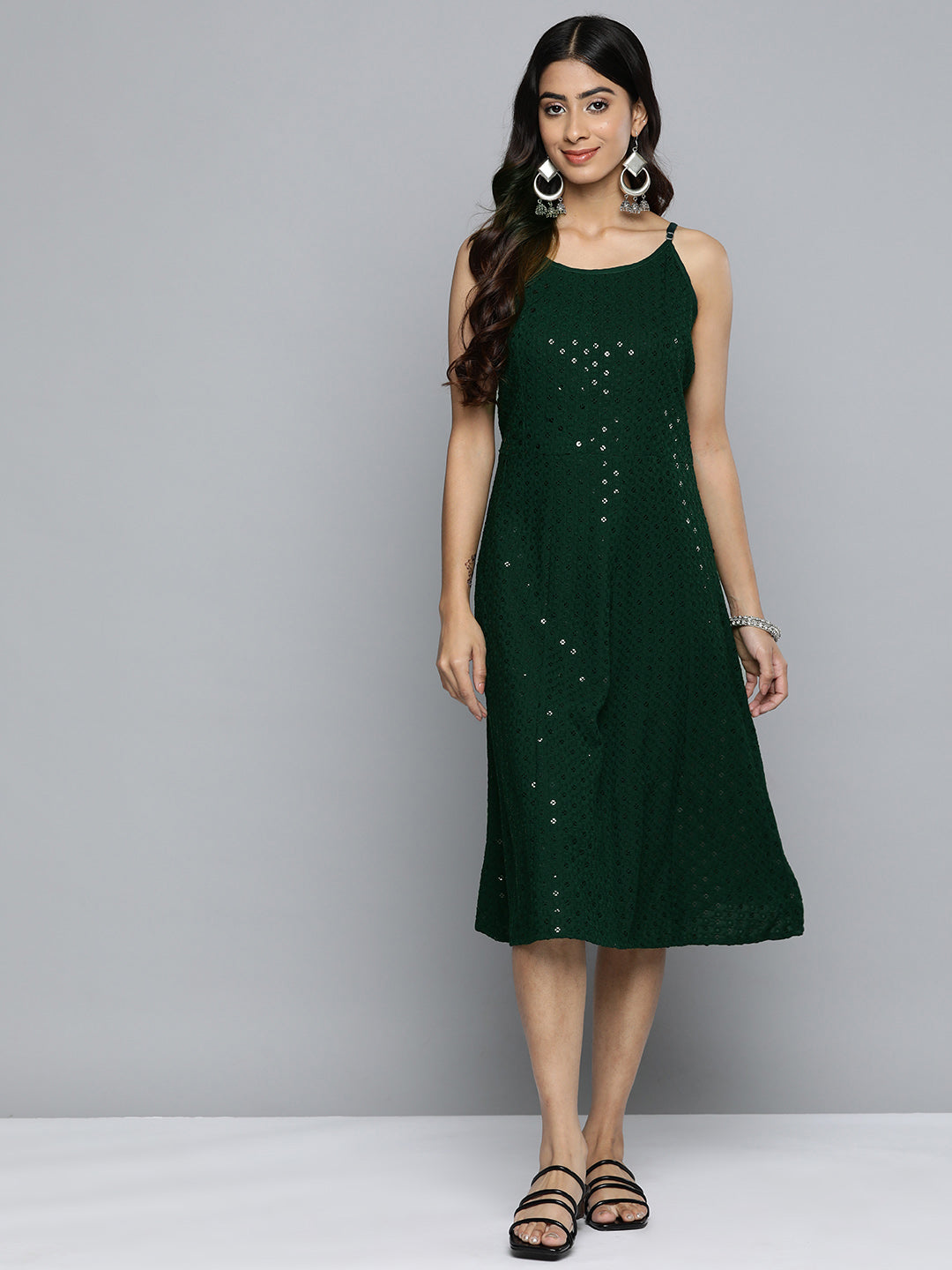Jompers Women's Olive Floral Sequin Embroidered A-Line Midi Dress - Distacart