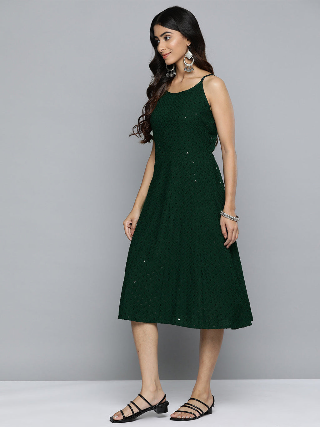 Jompers Women's Olive Floral Sequin Embroidered A-Line Midi Dress - Distacart