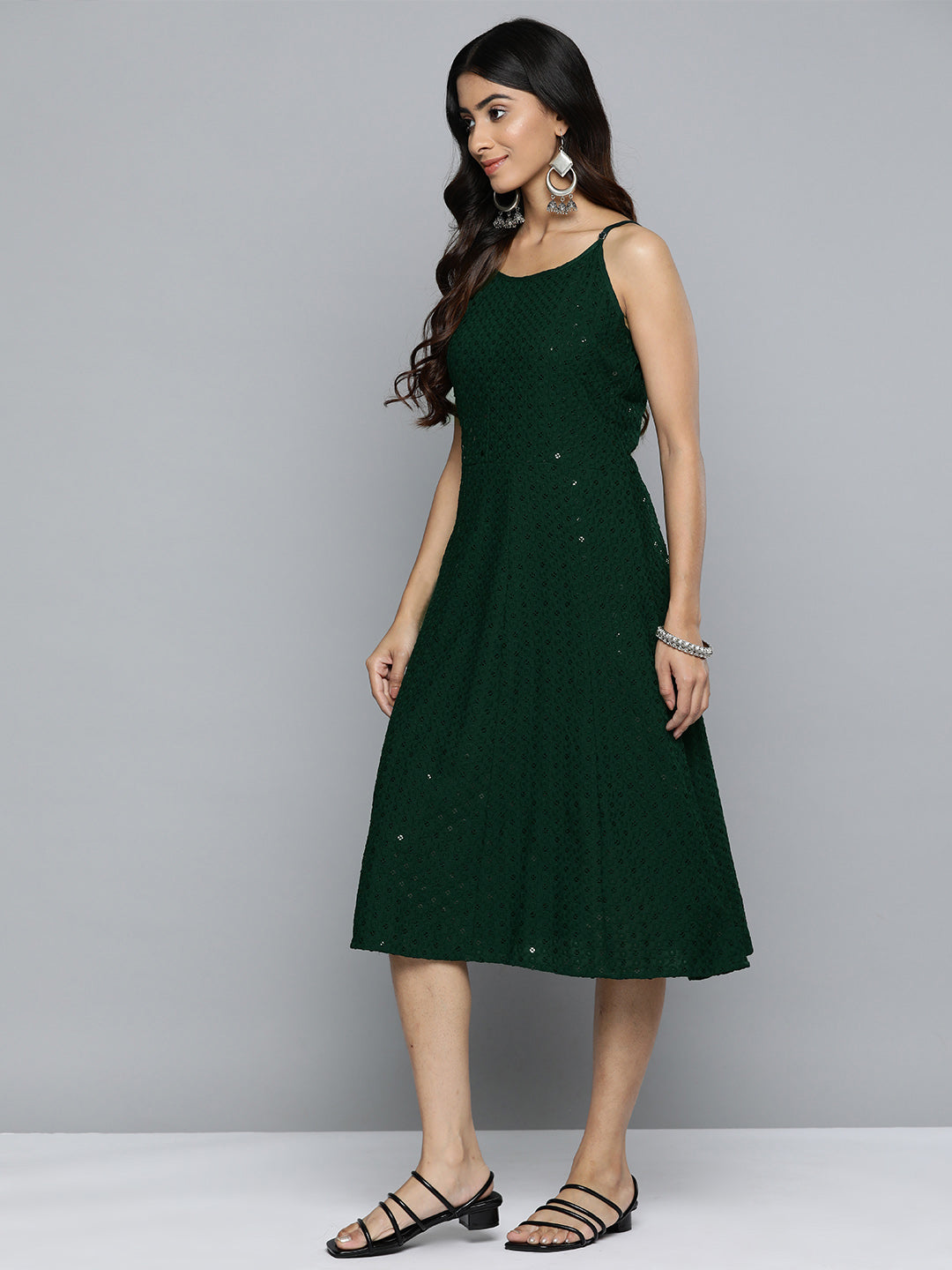 Jompers Women's Olive Floral Sequin Embroidered A-Line Midi Dress - Distacart