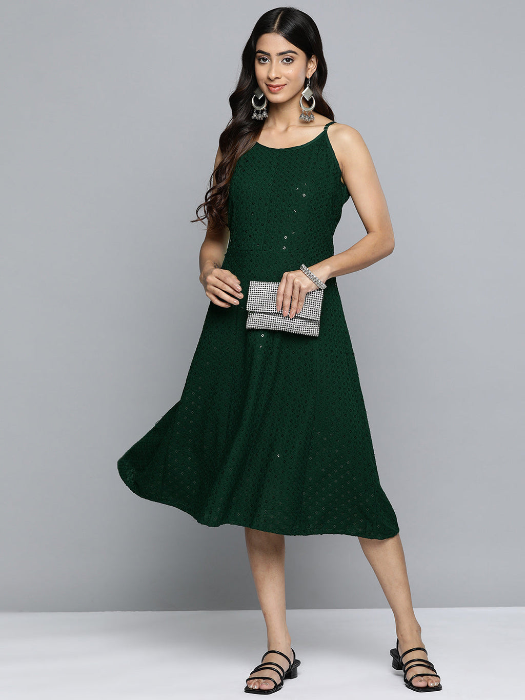 Jompers Women's Olive Floral Sequin Embroidered A-Line Midi Dress - Distacart