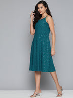 Jompers Women's Blue Floral Sequin Embroidered A-Line Midi Dress - Peacock - Distacart