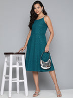 Jompers Women's Blue Floral Sequin Embroidered A-Line Midi Dress - Peacock - Distacart