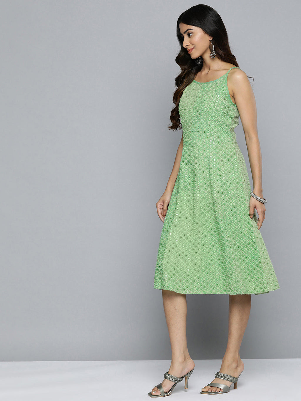 Jompers Women's Green Floral Sequin Embroidered A-Line Midi Dress - Distacart
