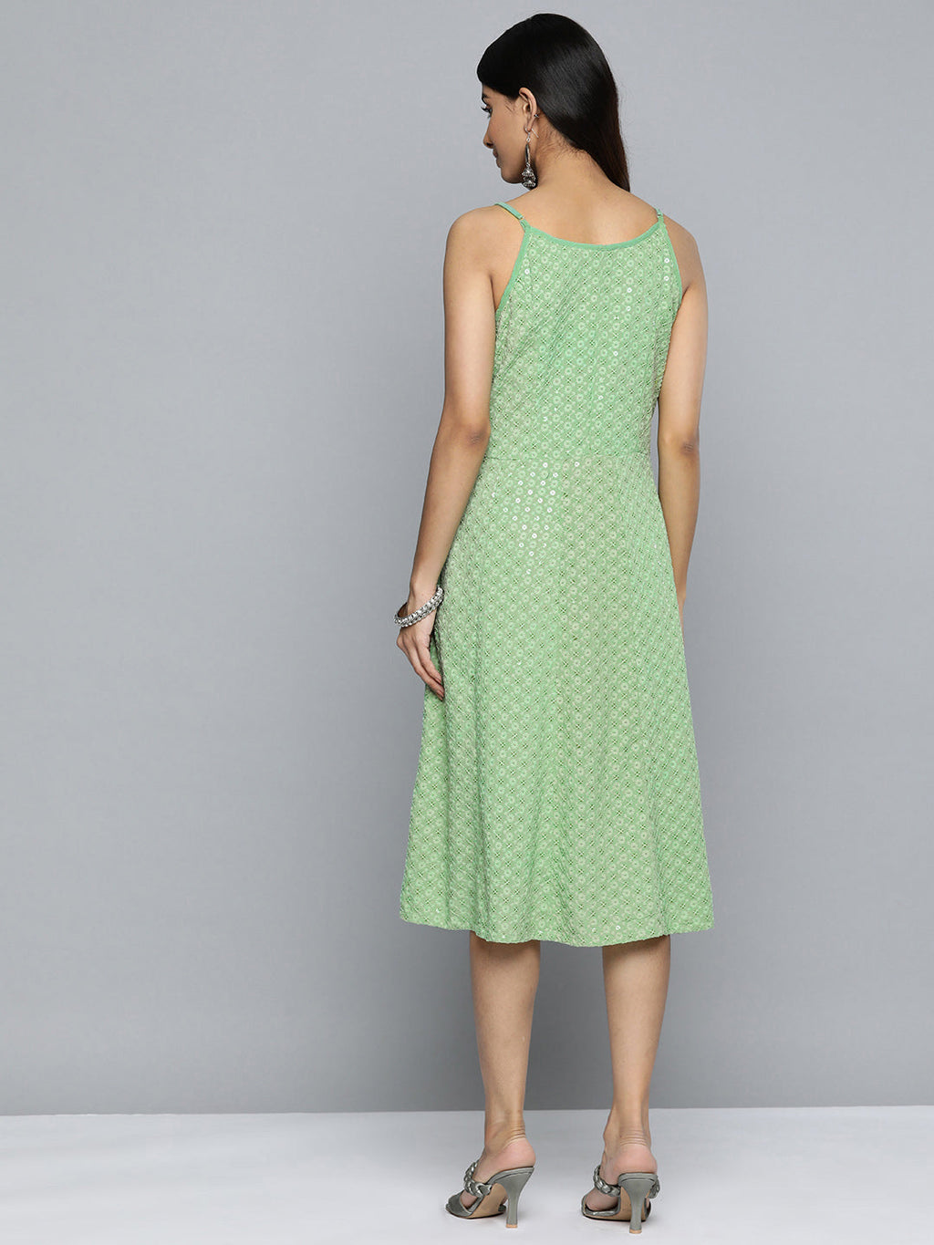 Jompers Women's Green Floral Sequin Embroidered A-Line Midi Dress - Distacart