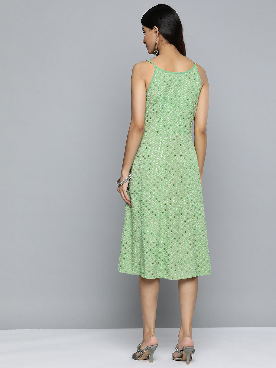 Jompers Women's Green Floral Sequin Embroidered A-Line Midi Dress - Distacart
