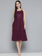 Jompers Women's Purple Floral Sequin Embroidered A-Line Midi Dress - Purple - Distacart