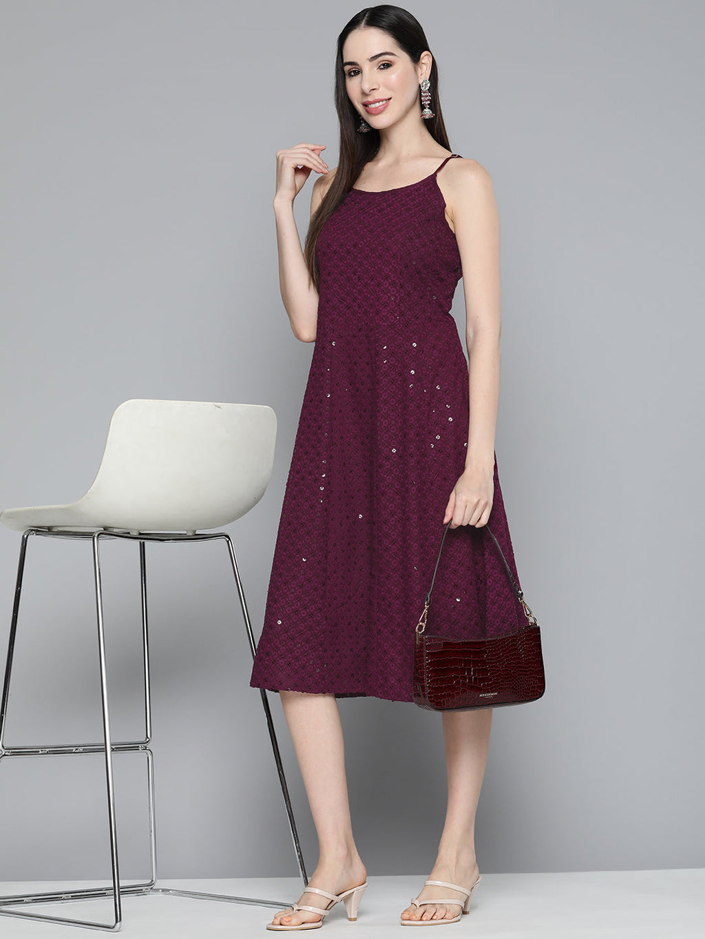 Jompers Women's Purple Floral Sequin Embroidered A-Line Midi Dress - Purple - Distacart