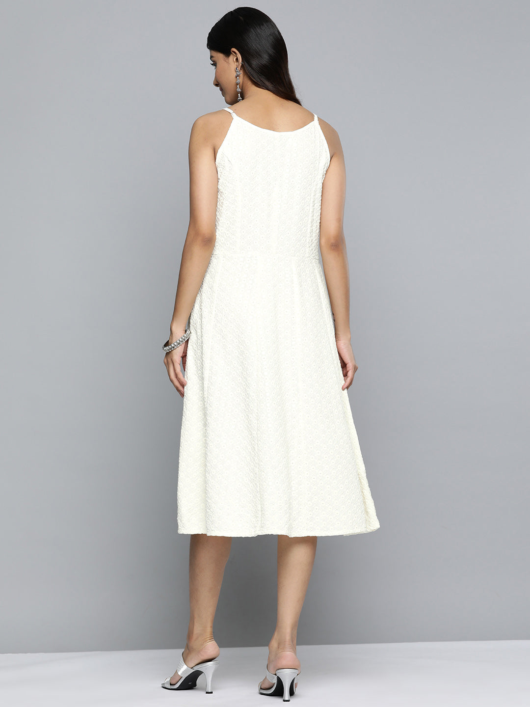 Jompers Women's White Floral Sequin Embroidered A-Line Midi Dress - Distacart