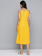 Jompers Women's Yellow Floral Sequin Embroidered A-Line Midi Dress - Distacart