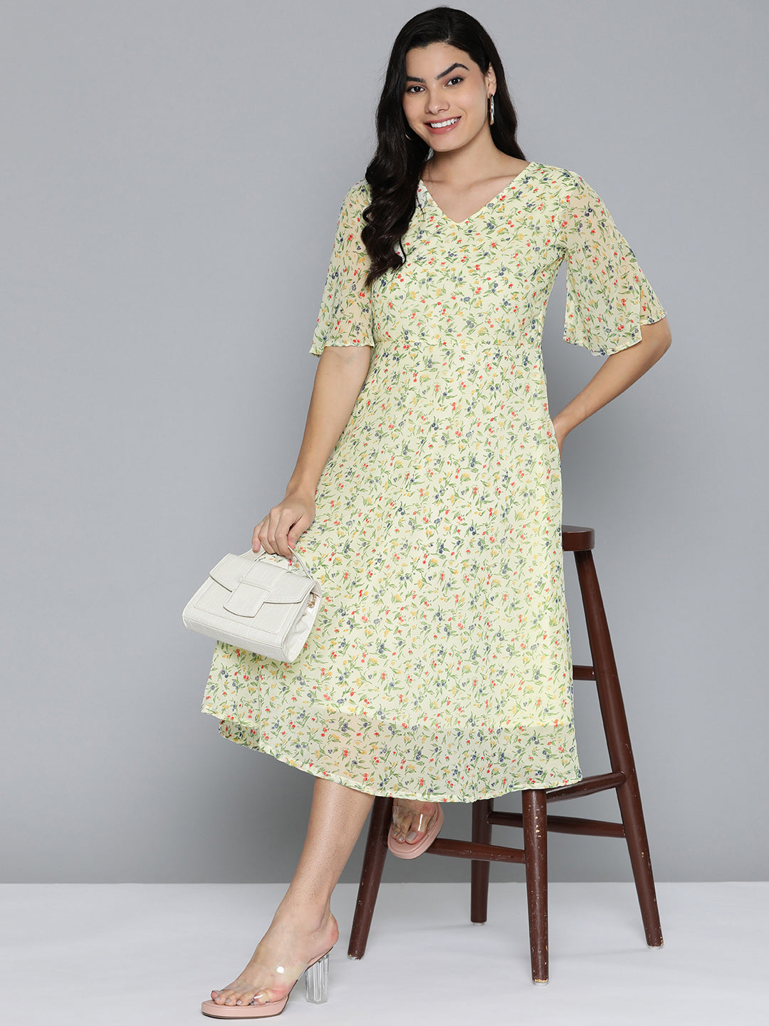 Jompers Women's Floarl print flared georgette dress - Off-White - Distacart