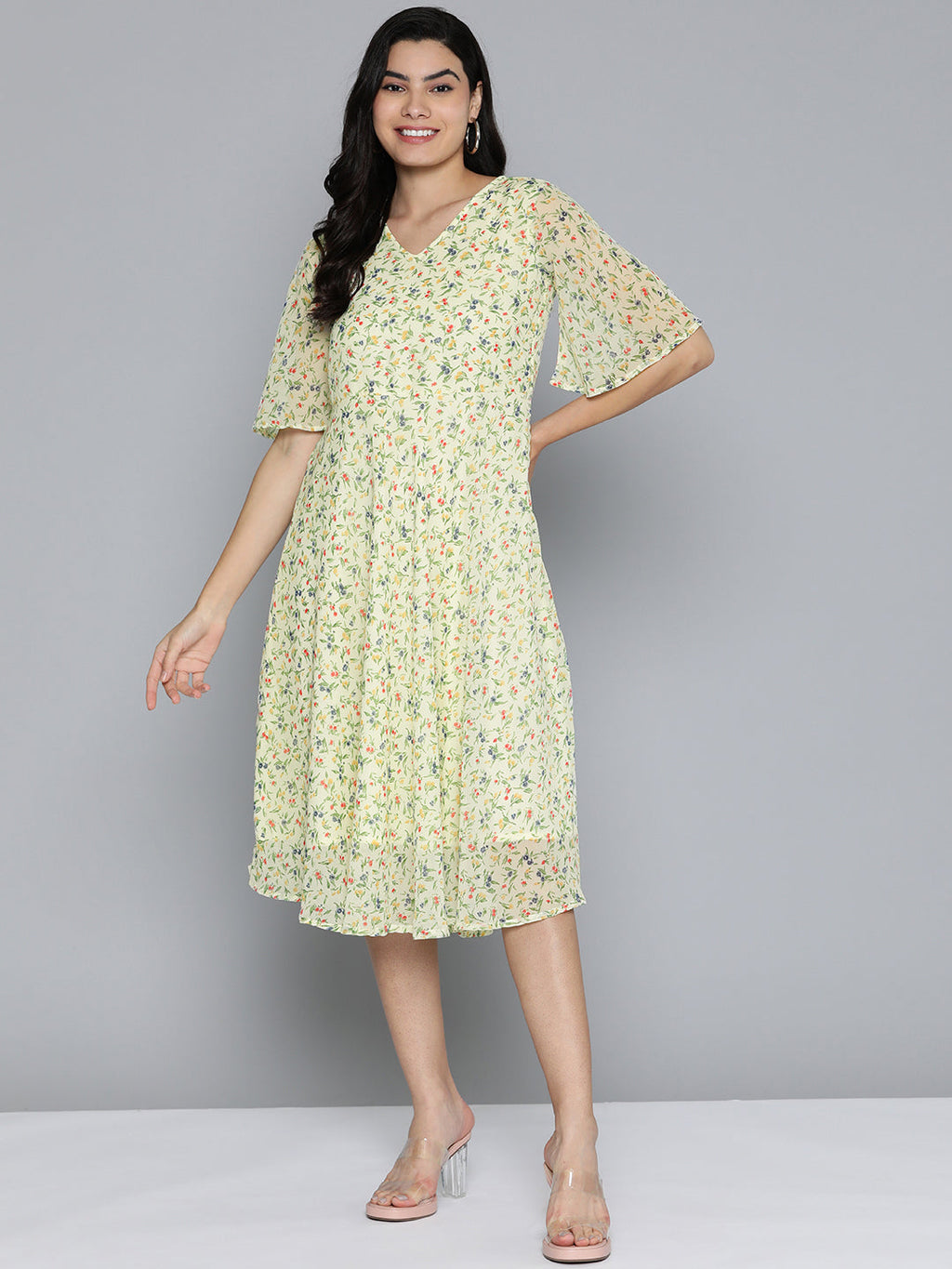 Jompers Women's Floarl print flared georgette dress - Off-White - Distacart