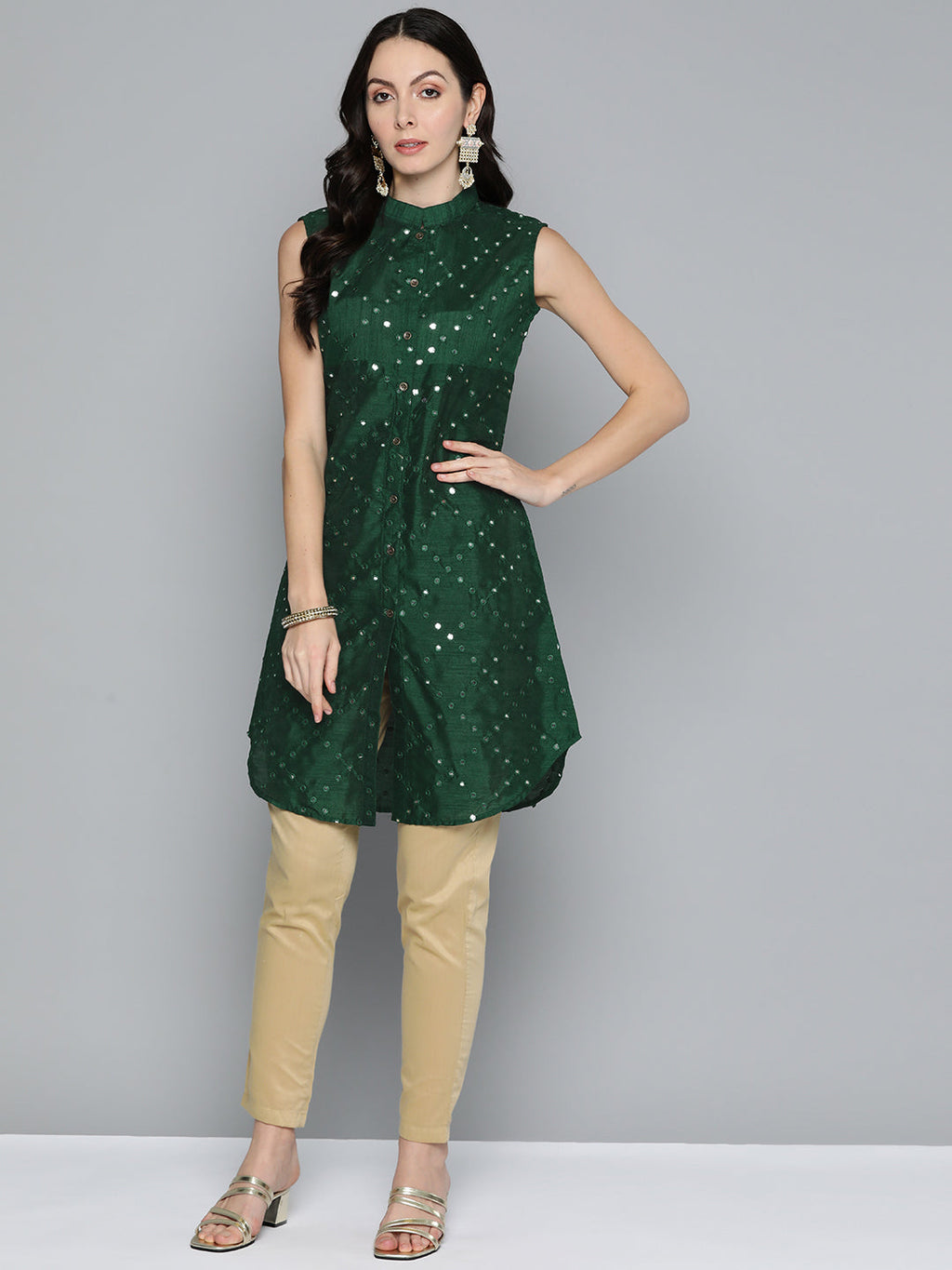 Jompers Women's Geometric Embroidered Mirror Work Kurta - Green