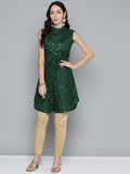 Jompers Women's Geometric Embroidered Mirror Work Kurta - Green