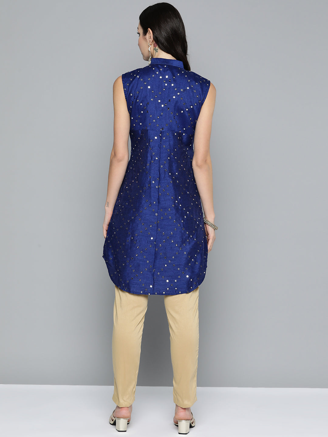 Jompers Women's Geometric Embroidered Mirror Work Kurta - Navy Blue - Distacart