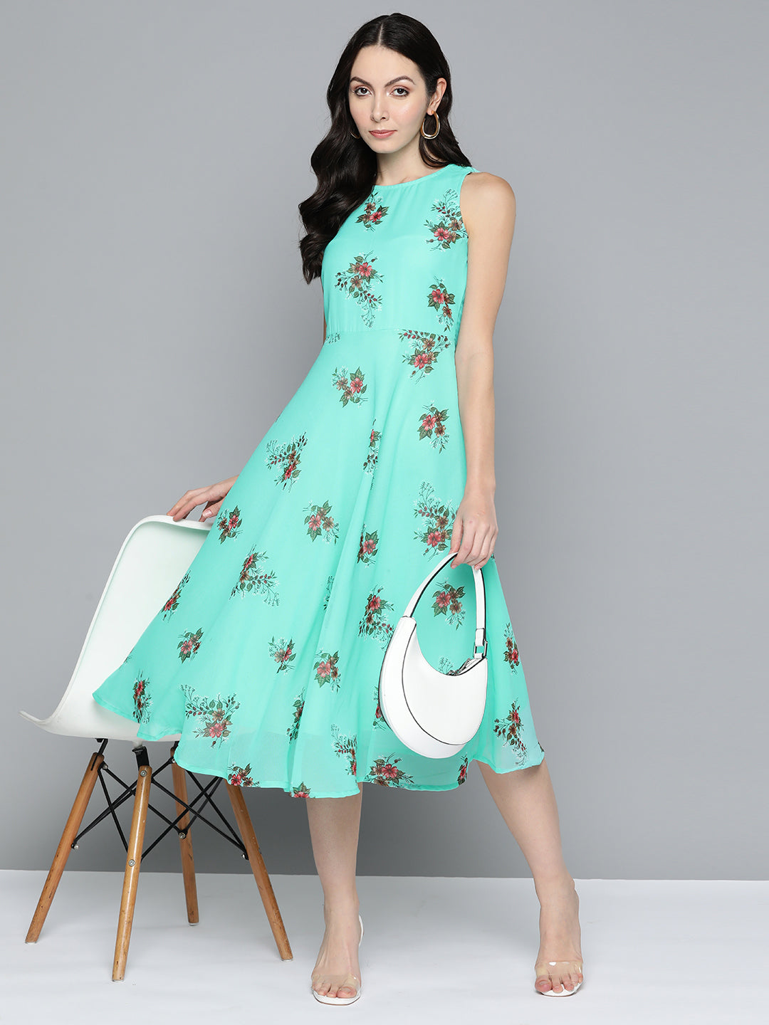 Jompers Women's Floral Print Georgette A-Line Midi Dress - Blue - Distacart