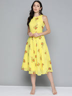 Jompers Women's Floral Print Georgette A-Line Midi Dress - Yellow - Distacart