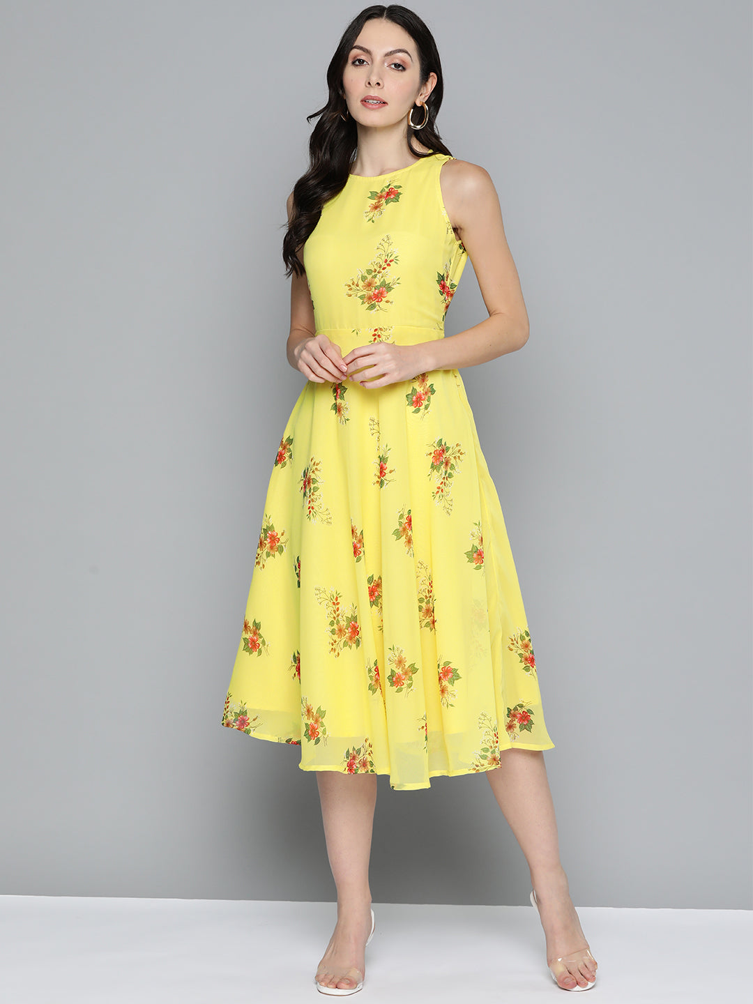 Jompers Women's Floral Print Georgette A-Line Midi Dress - Yellow - Distacart