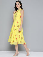 Jompers Women's Floral Print Georgette A-Line Midi Dress - Yellow - Distacart