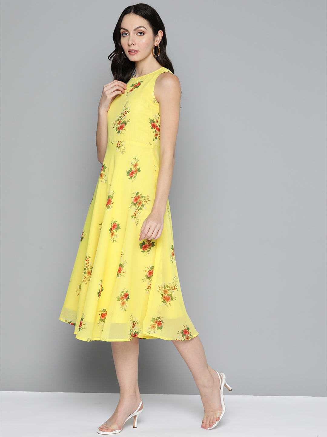 Jompers Women's Floral Print Georgette A-Line Midi Dress - Yellow - Distacart