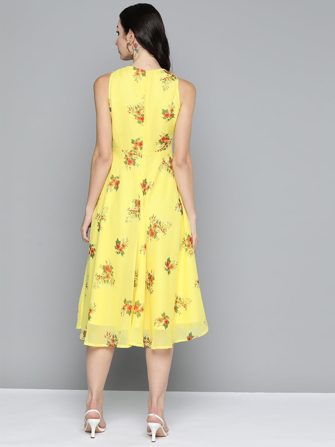 Jompers Women's Floral Print Georgette A-Line Midi Dress - Yellow - Distacart