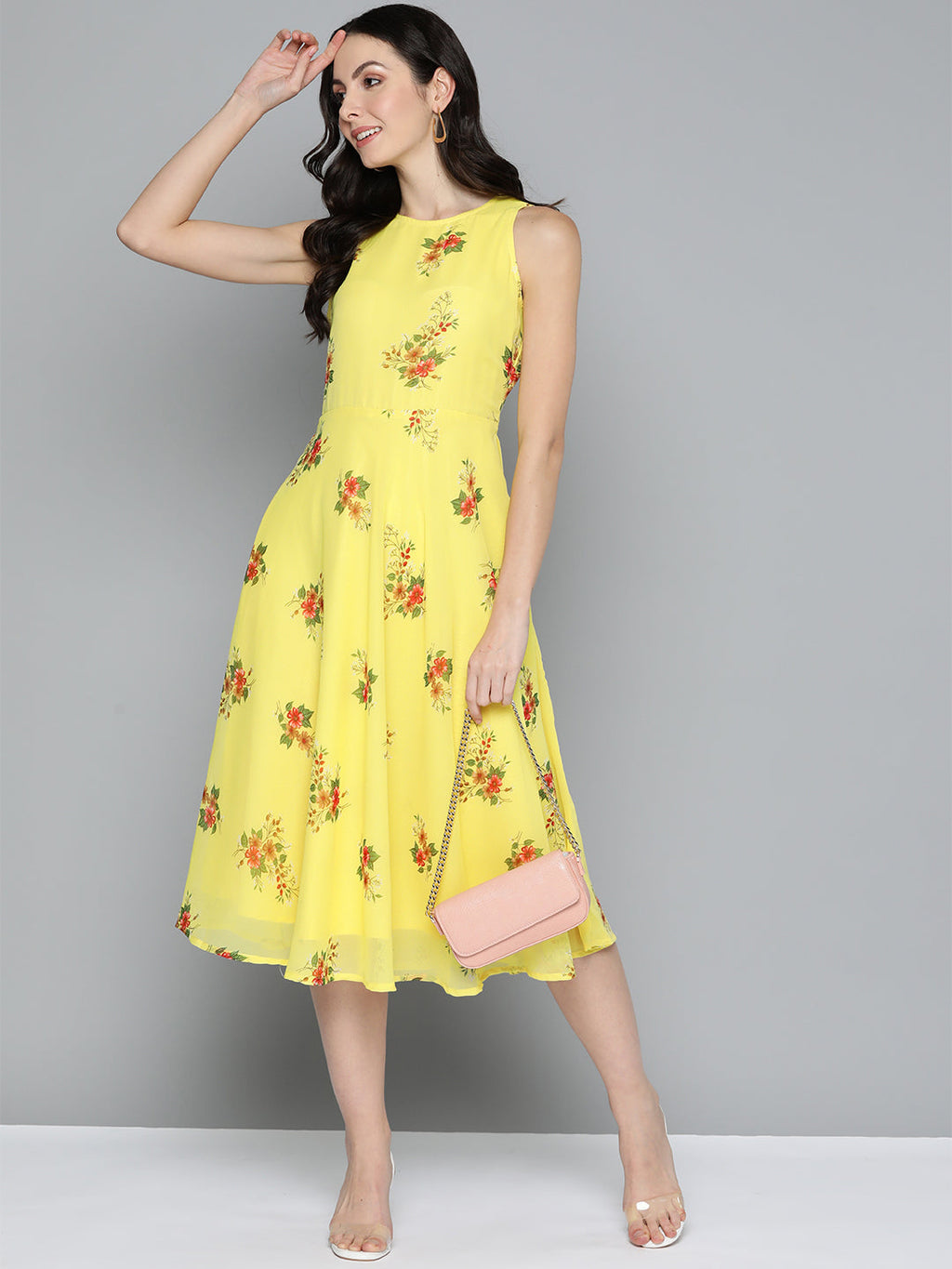 Jompers Women's Floral Print Georgette A-Line Midi Dress - Yellow - Distacart