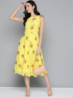 Jompers Women's Floral Print Georgette A-Line Midi Dress - Yellow - Distacart