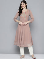Jompers Women's Embroidered yok flared georgette kurta - Brown - Distacart