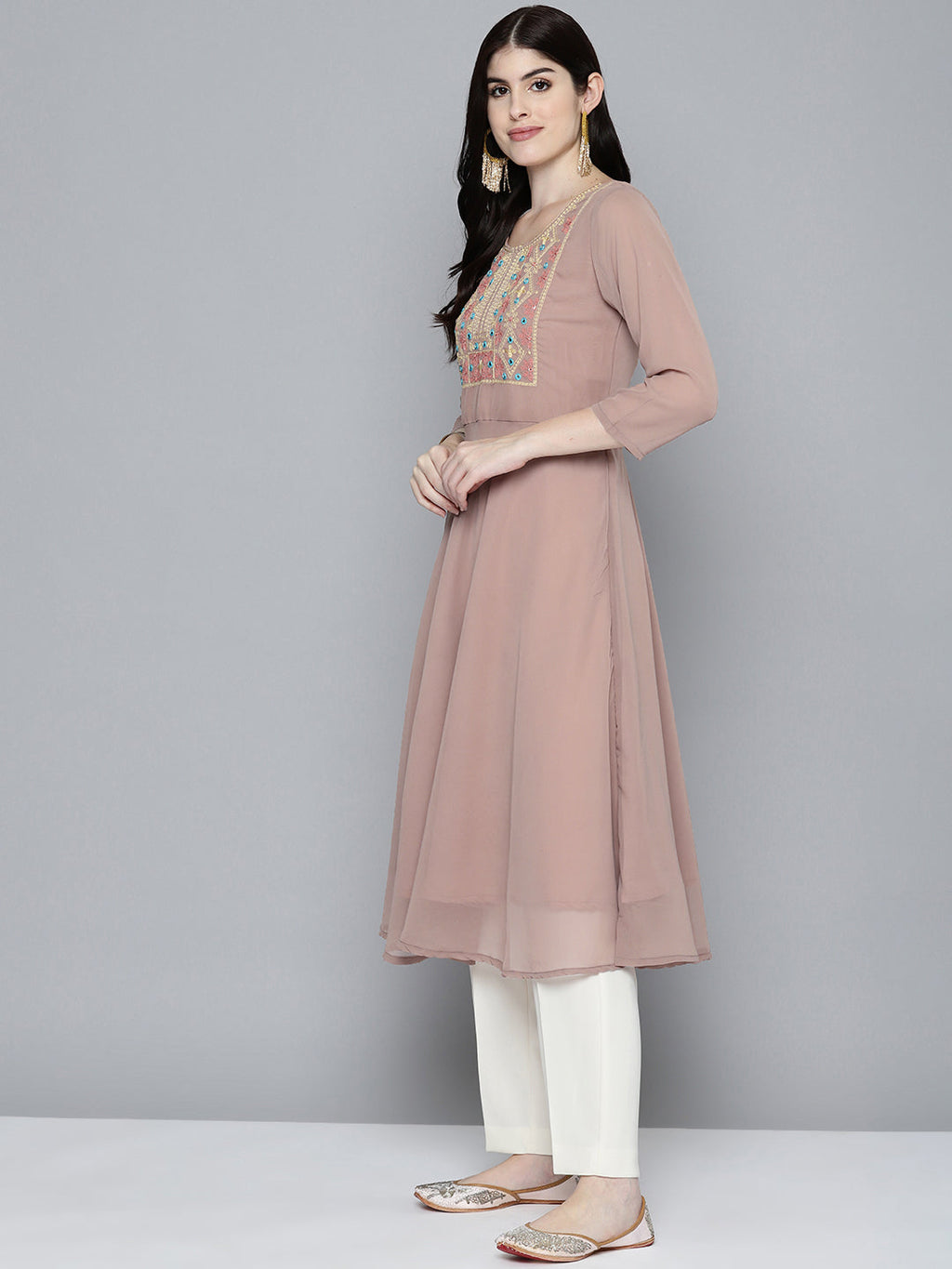 Jompers Women's Embroidered yok flared georgette kurta - Brown - Distacart