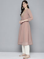 Jompers Women's Embroidered yok flared georgette kurta - Brown - Distacart