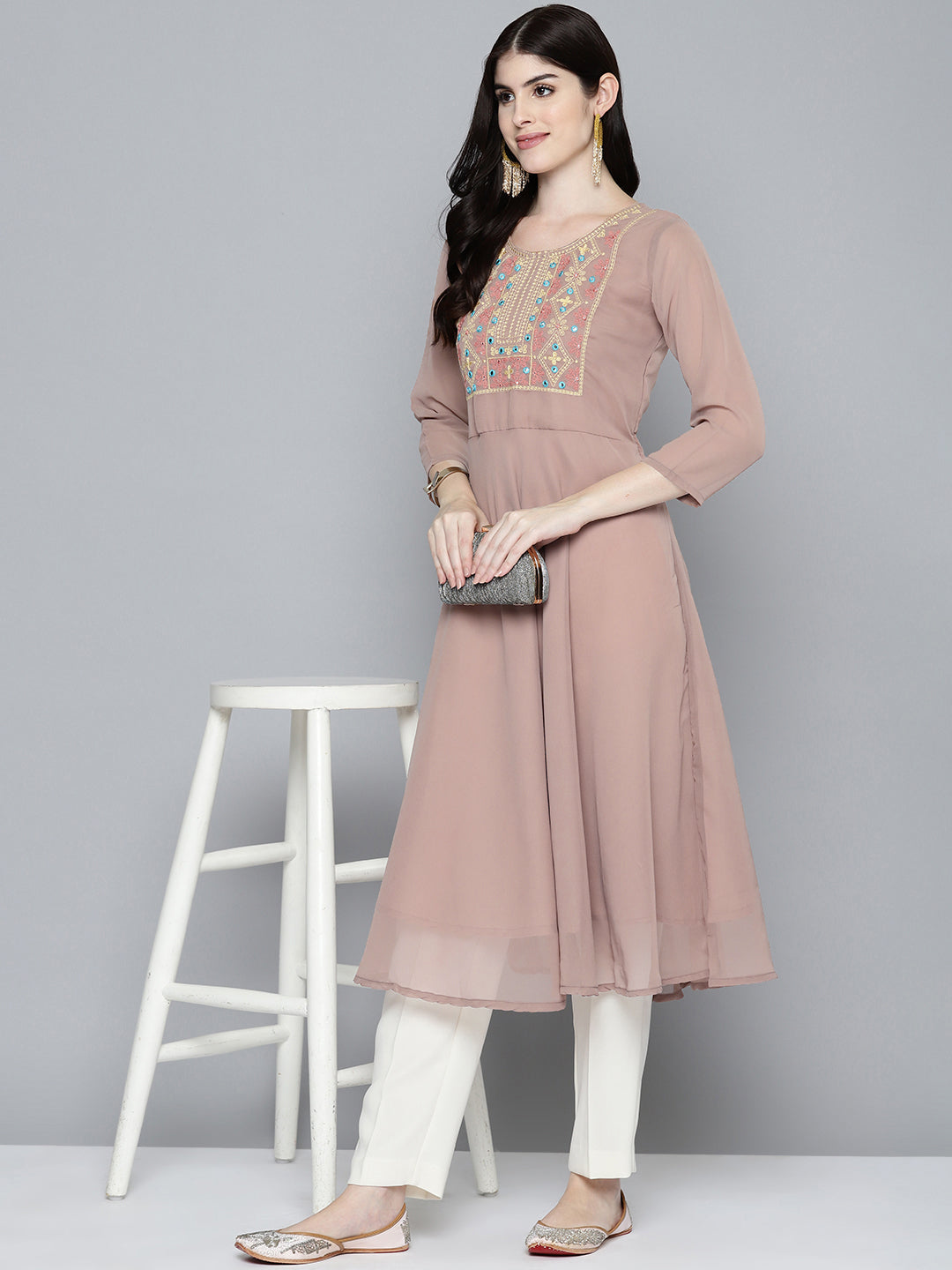 Jompers Women's Embroidered yok flared georgette kurta - Brown - Distacart