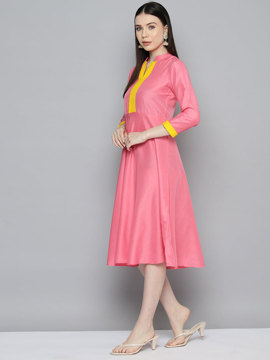 Jompers Women's Sequin work, flared ethnic dress - PInk - Distacart