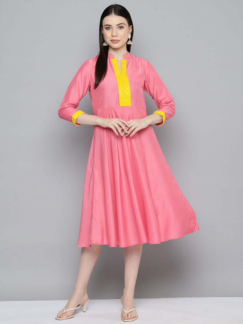 Jompers Women's Sequin work, flared ethnic dress - PInk - Distacart