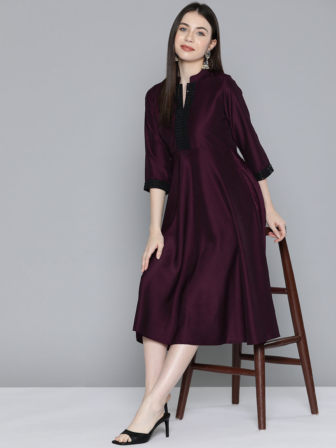Jompers Women's Sequin work, flared ethnic dress - Wine - Distacart