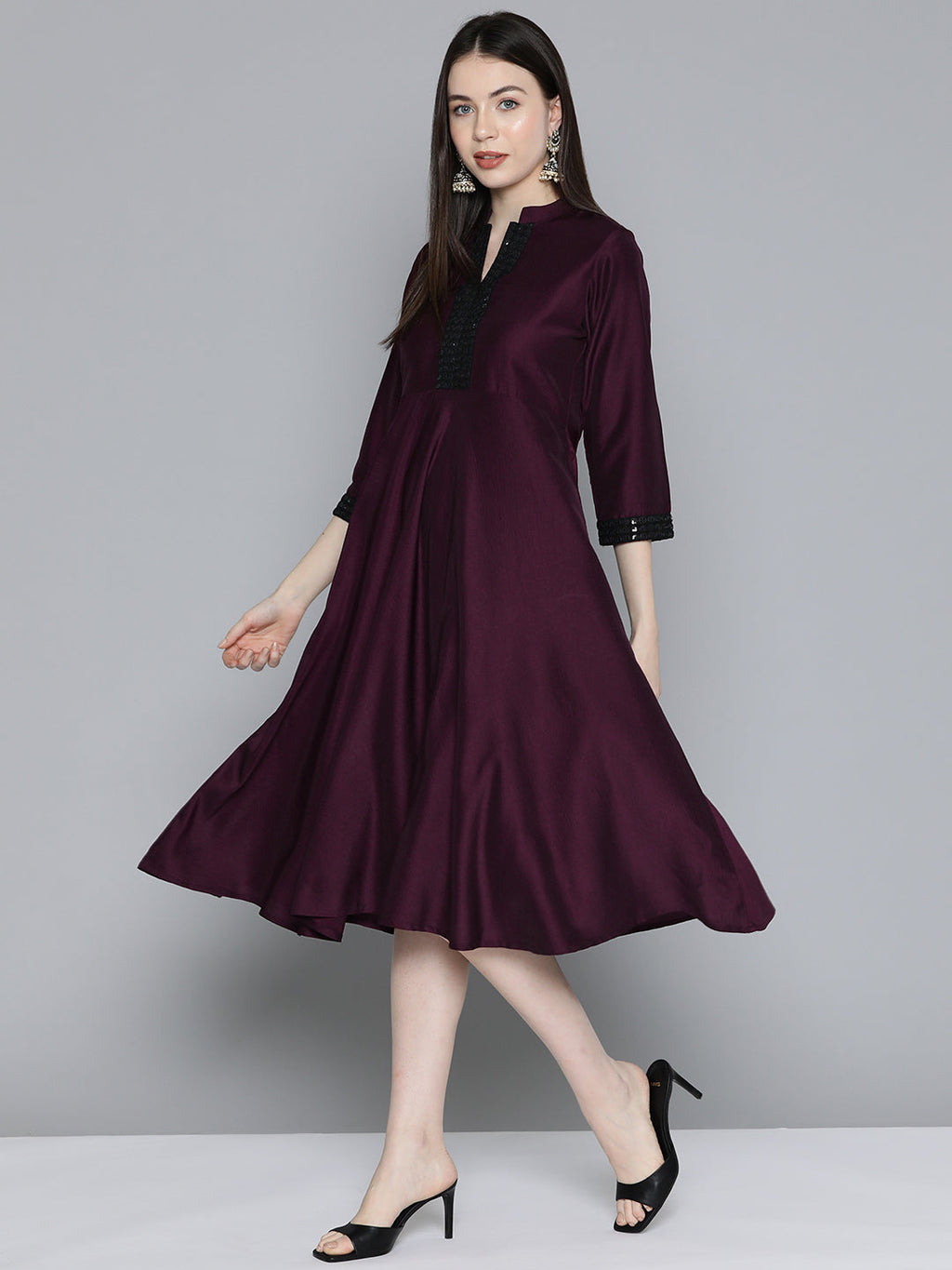 Jompers Women's Sequin work, flared ethnic dress - Wine - Distacart