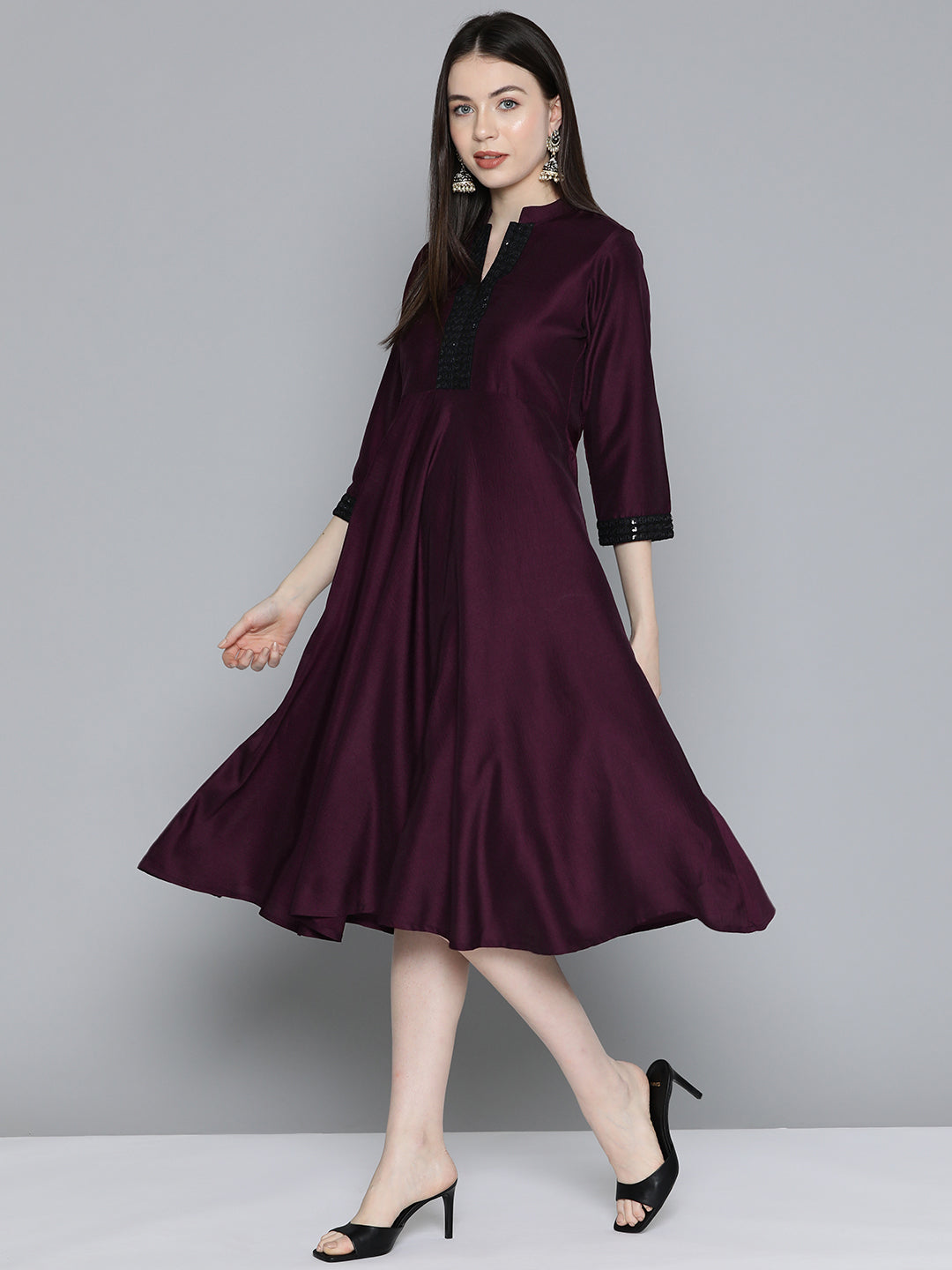 Jompers Women's Sequin work, flared ethnic dress - Wine - Distacart