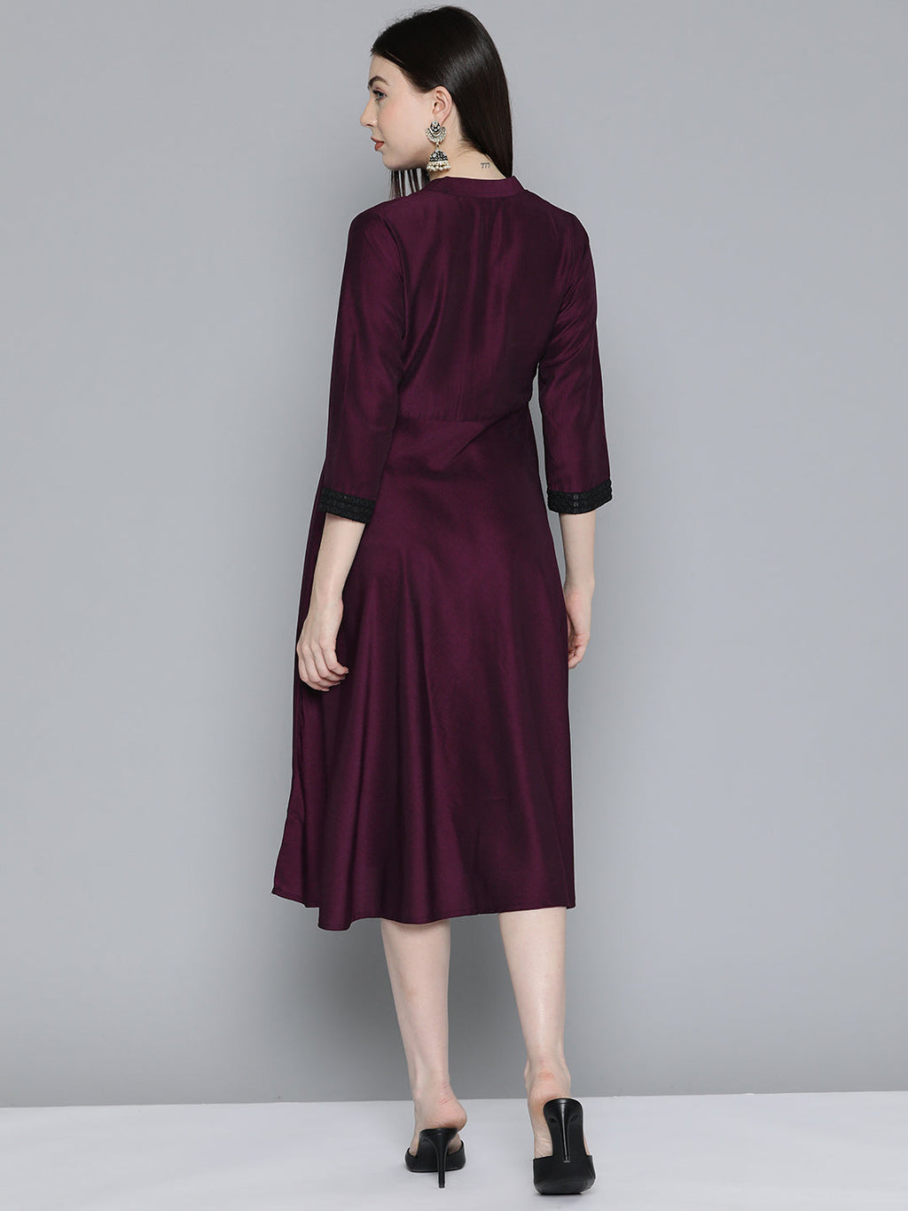 Jompers Women's Sequin work, flared ethnic dress - Wine - Distacart