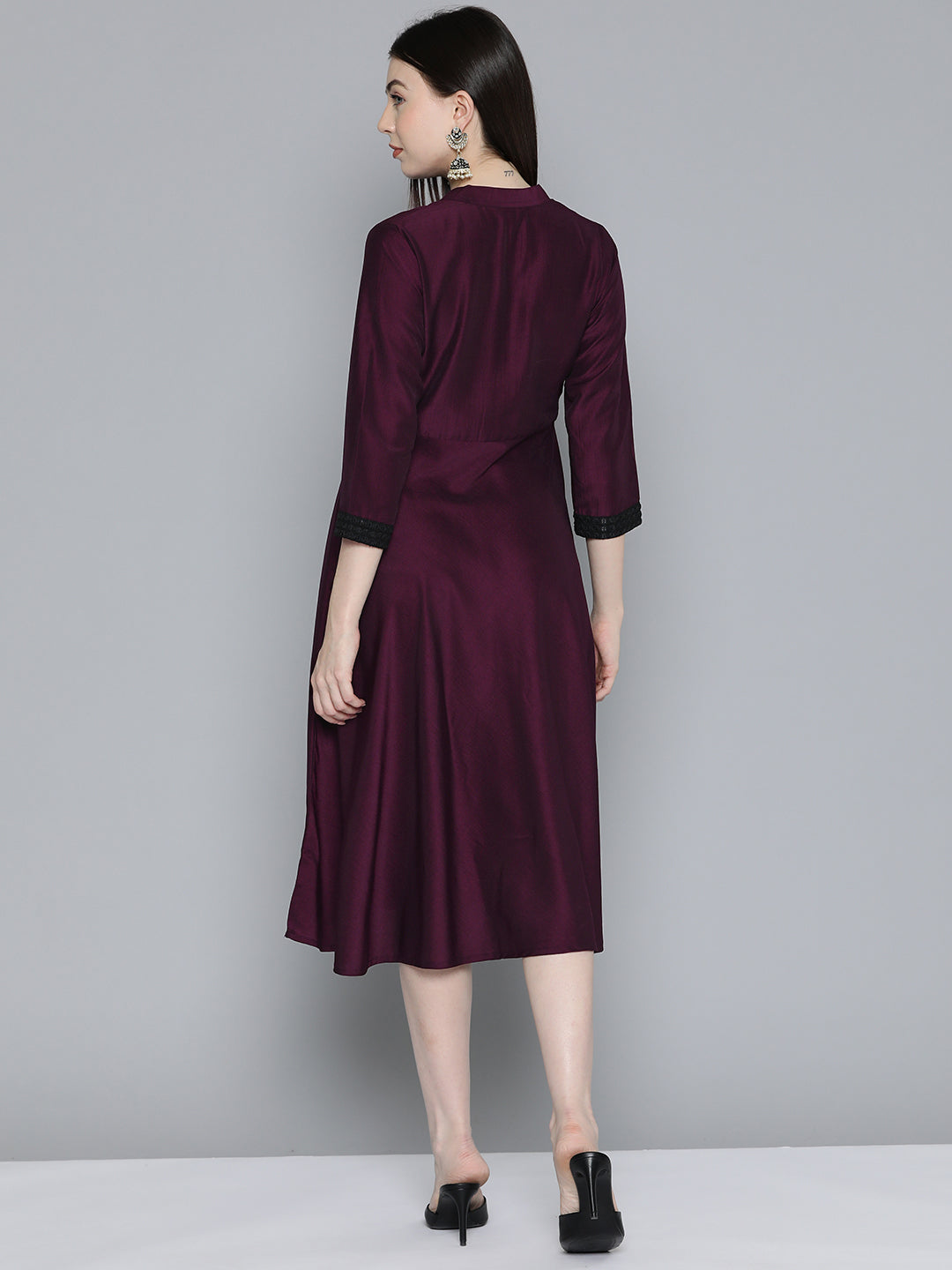 Jompers Women's Sequin work, flared ethnic dress - Wine - Distacart