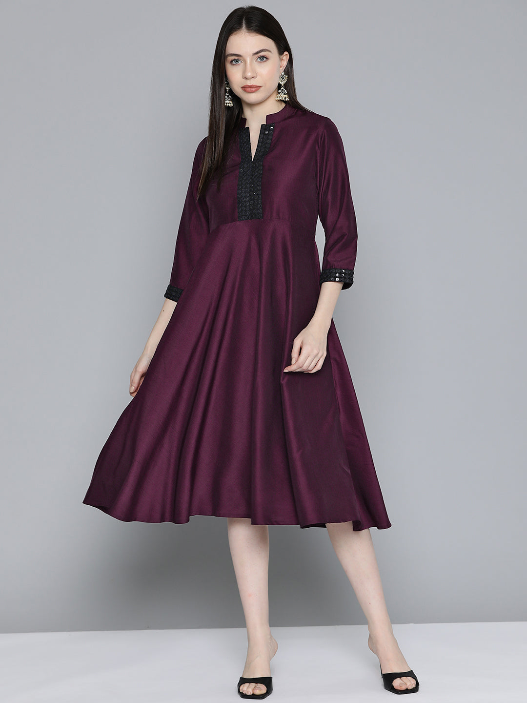 Jompers Women's Sequin work, flared ethnic dress - Wine - Distacart