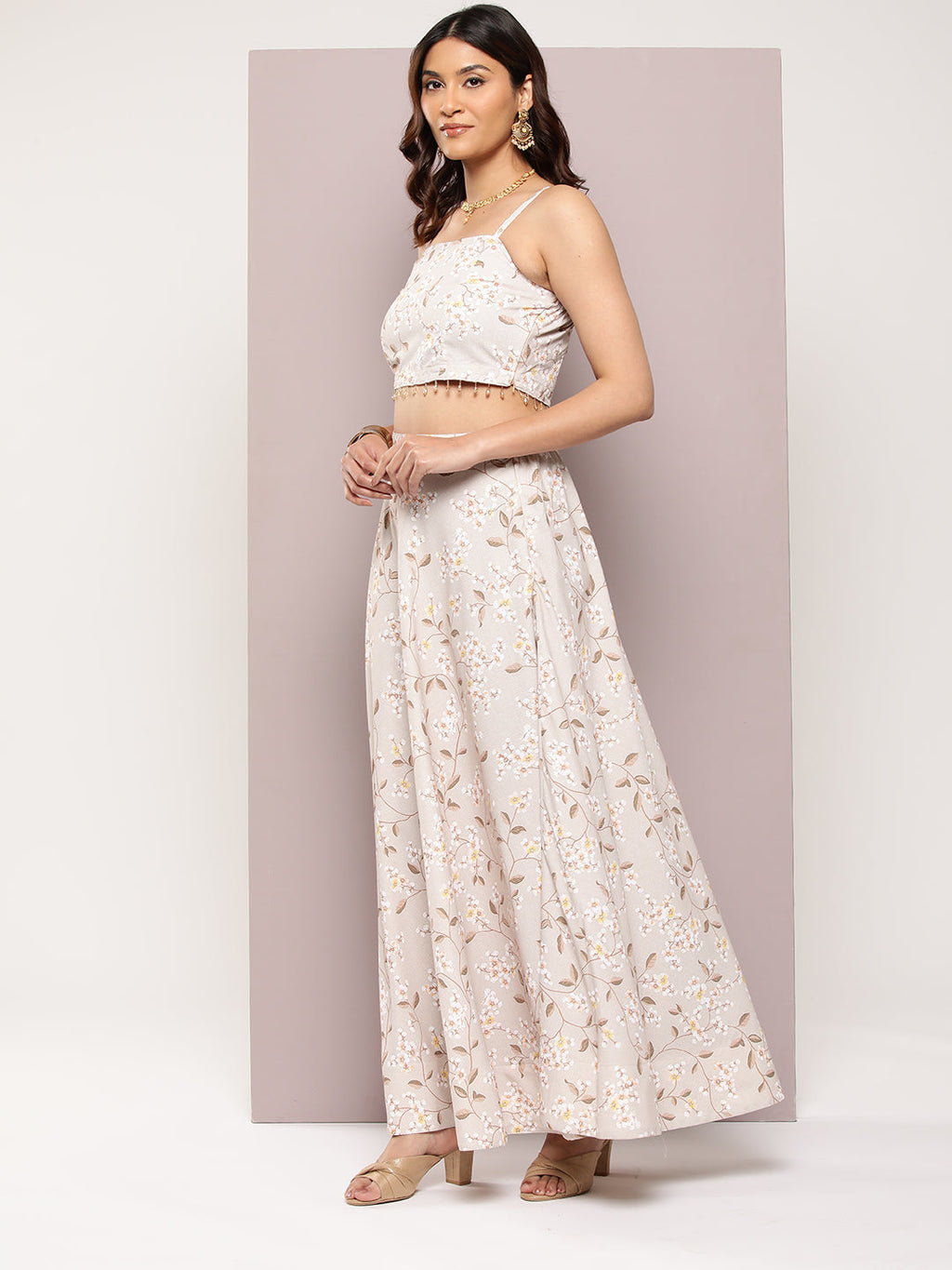 Jompers Women's Crystal Beads Work Printed Lehenga choli with dupatta - Beige