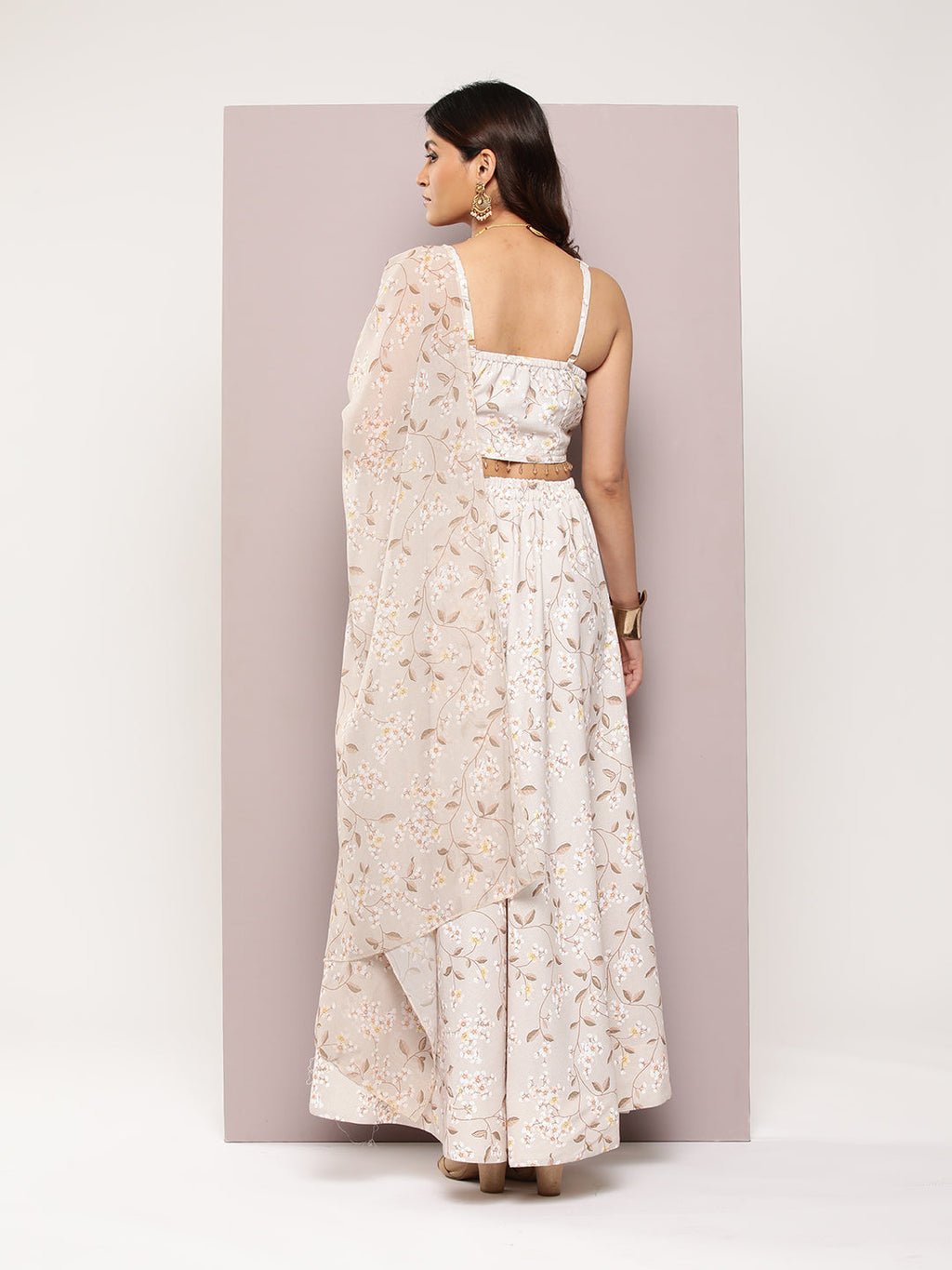 Jompers Women's Crystal Beads Work Printed Lehenga choli with dupatta - Beige